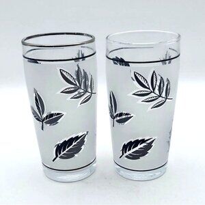 Libbey Silver Leaf Frosted Juice Glasses 4 Inch Tumblers Set of 2 Vintage MCM